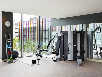 The fitness centre in the Hyatt hotel with a range of weights and machines