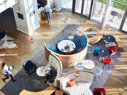 An aerial view of the atrium and bar at Hyatt Regency