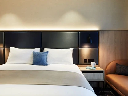 A room in the Hyatt hotel with a kingsize bed and bedside table with a lamp