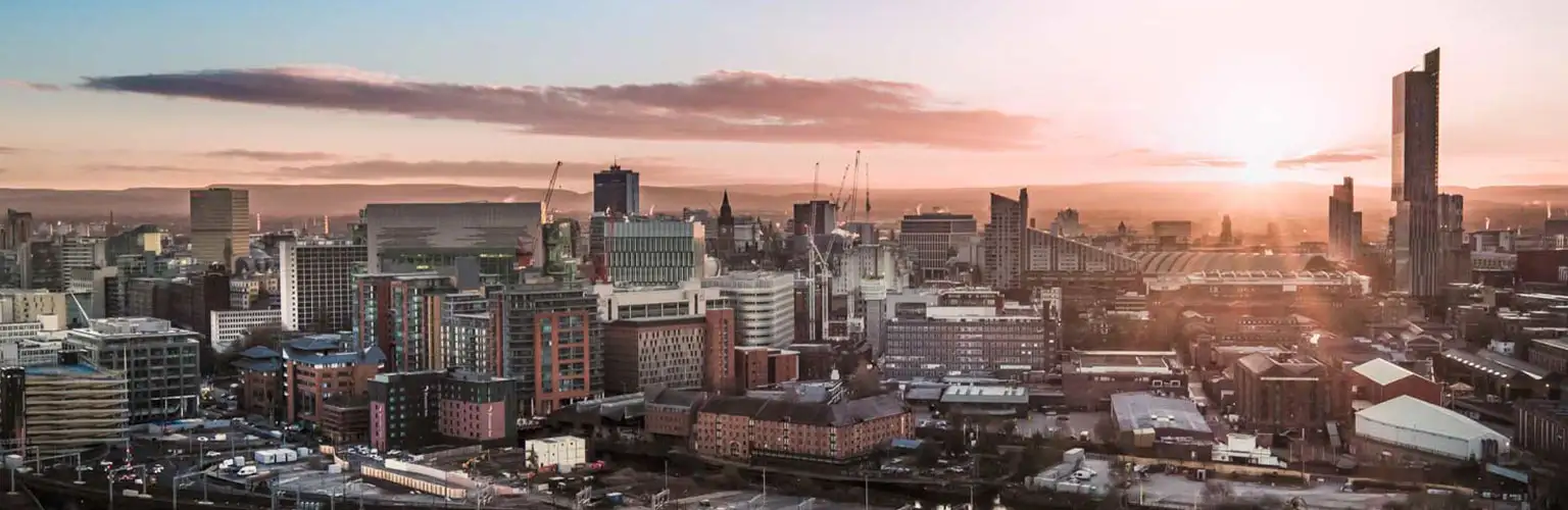 Manchester skyline at sunset