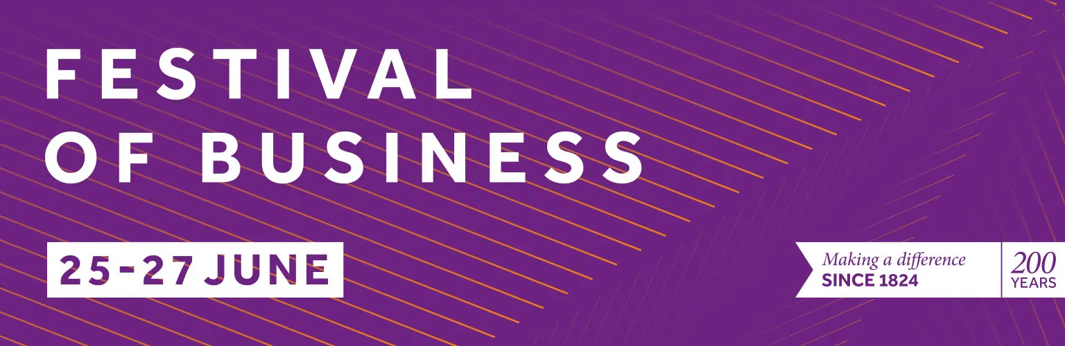 Purple background with orange supergraphic overlay with text reading 'Festival of Business 25-27 June'