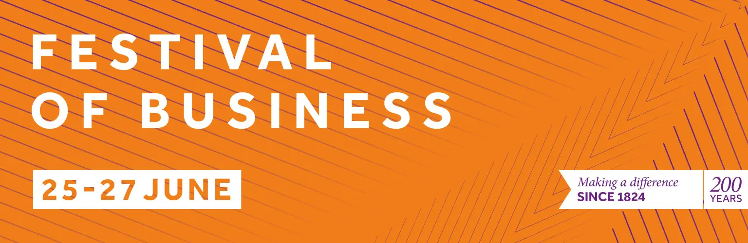 Orange background with purple supergraphic overlay with text reading 'Festival of Business 25-27 June'
