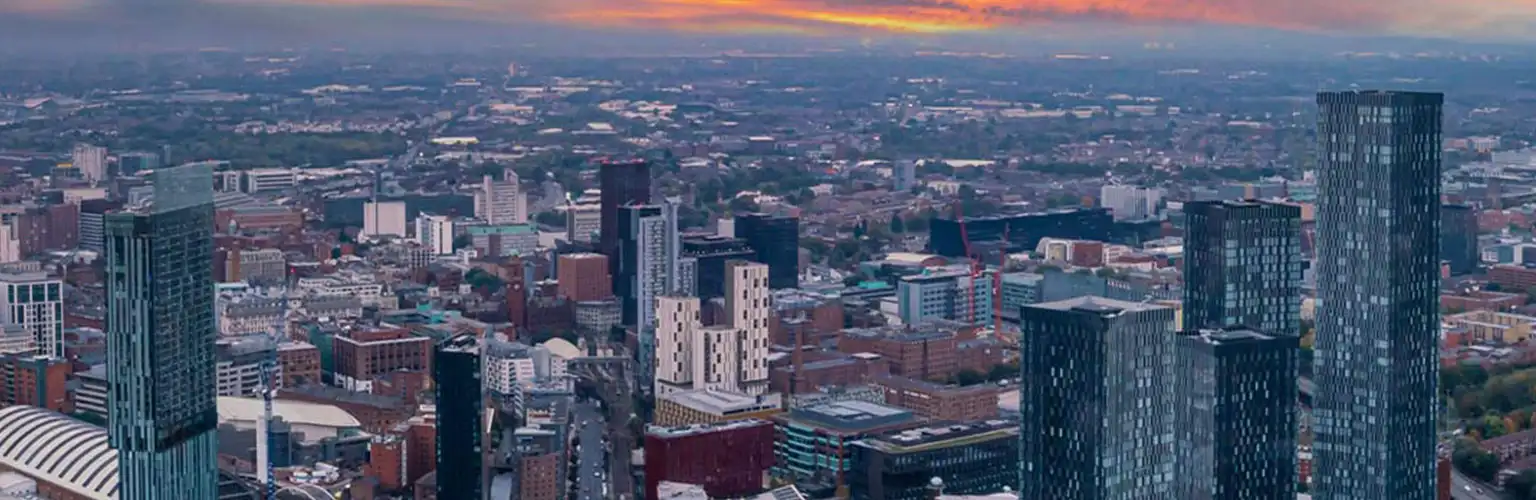 Manchester skyline at sunset