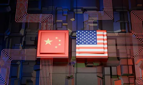 Digitally generated graphic of the USA and China flags as computer chips