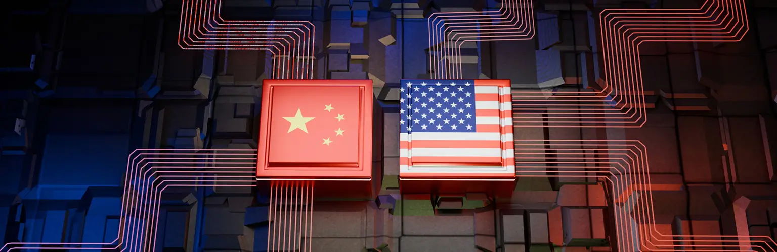 Digitally generated graphic of the USA and China flags as computer chips