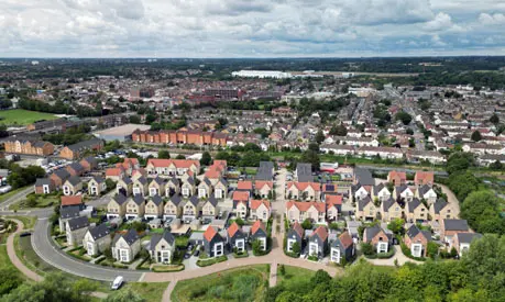 Aerial view of a modern housing development in Waltham Cross, Hertfordshire, UK