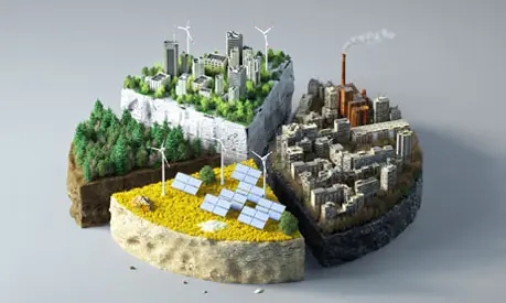 Digital illustration of a circular cross-section divided into segments depicting different environments.