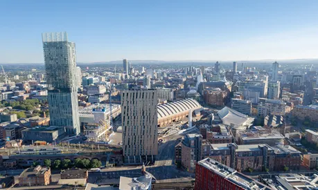 Manchester Centre Drone Aerial View Above Building Work Skyline Construction Blue Sky Summer Beetham Tower Deansgate 2022