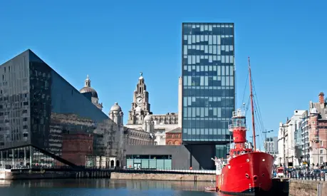 A view across the waterfront and Liverpool city skyline