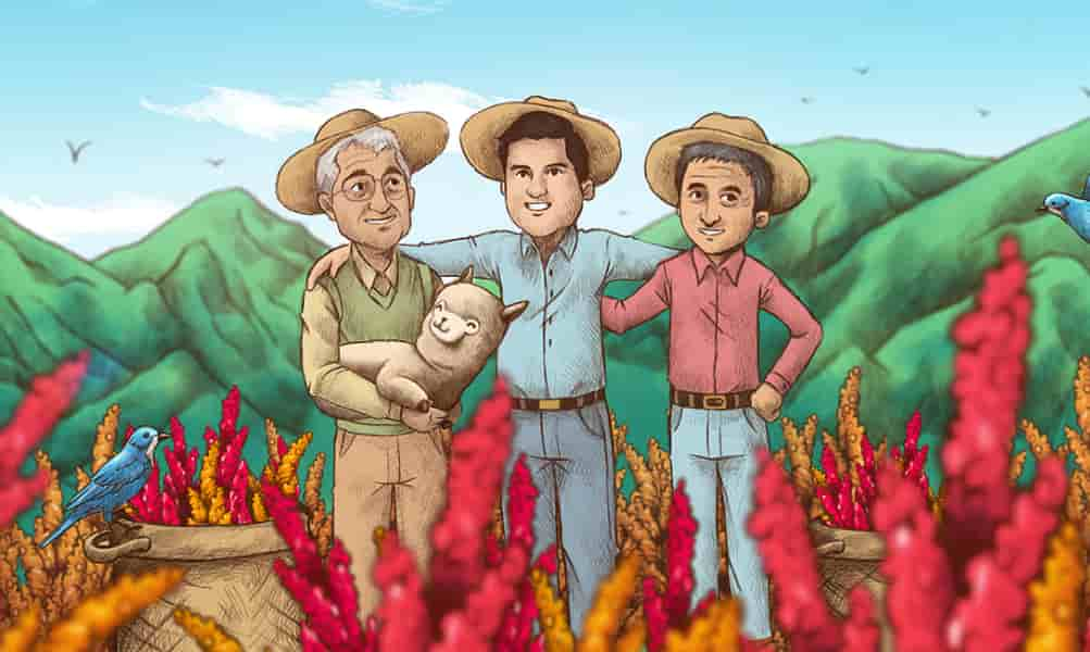 An illustration of three farmers in a field of quinoa