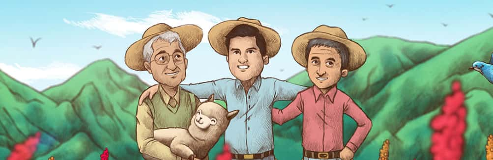 An illustration of three farmers in a field of quinoa