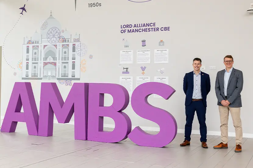 AMBS' Stuart Wells and Renaker's Andy Lofthouse stood in the AMBS foyer