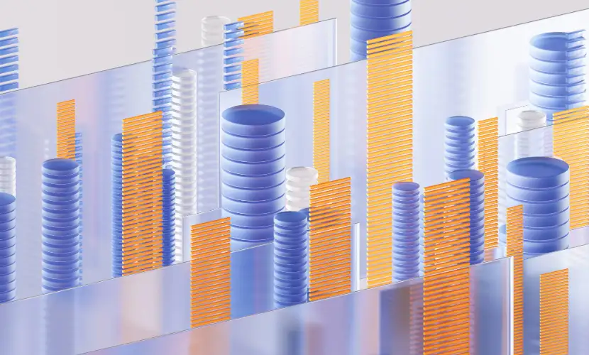 3D Image of Orange and Blue Abstract Data Bar Charts of Database.