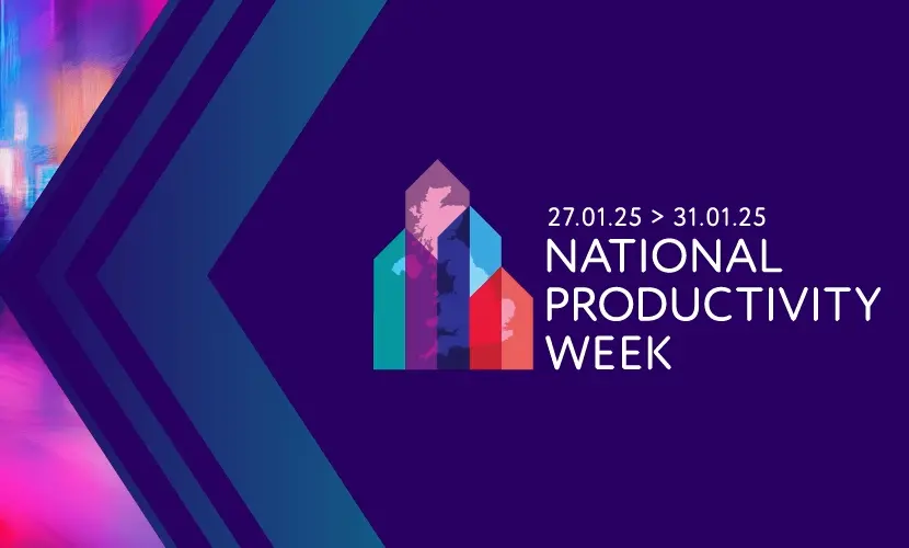 Graphic with National Productivity Week logo on a dark purple background.