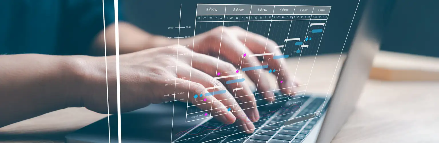 A graphic of an analyst typing a report with metrics connected to a database.