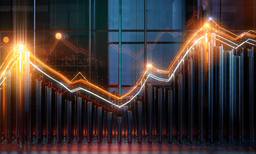 A graphic of a 3D lighted up line graph in an industrial setting