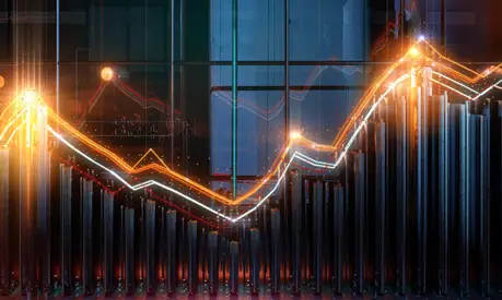 A graphic of a 3D lighted up line graph in an industrial setting