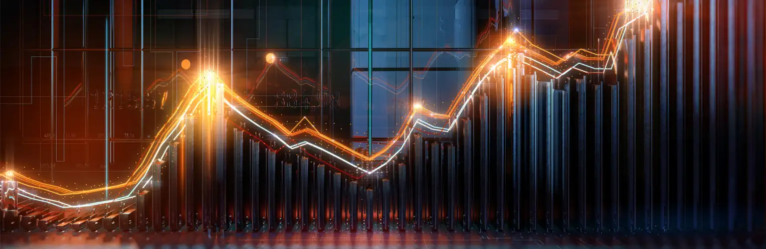 A graphic of a 3D lighted up line graph in an industrial setting