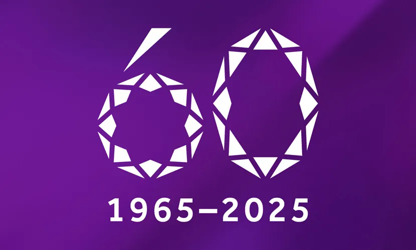 White graphic on a purple background. Graphic shows the number 60 depicted as two diamonds with 1965 to 2025 text beneath.