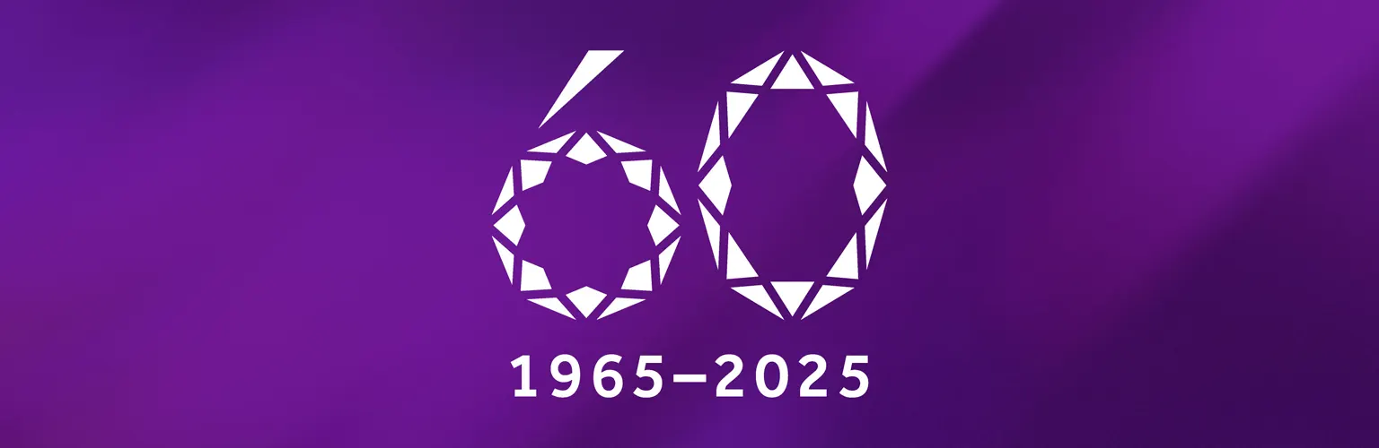 White graphic on a purple background. Graphic shows the number 60 depicted as two diamonds with 1965 to 2025 text beneath.