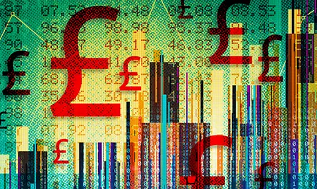 Digital financial composite illustration with UK pound symbols