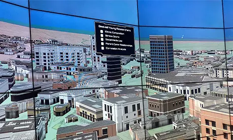 Screens in the data visualisation observatory showing a digital model of a city.