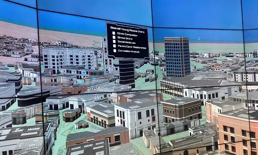 Screens in the data visualisation observatory showing a digital model of a city.