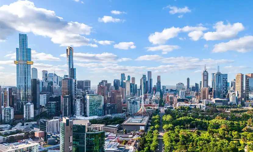 A panorama of Melbourne city and skyline on a sunny afternoon