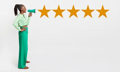 Composite image of Mature woman holding megaphone with 5 graphic stars emerging.