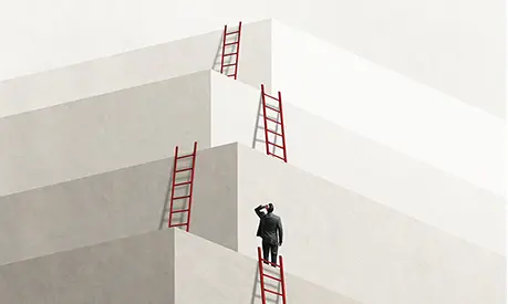A man looks up at a series of ladders that lead him to the next level, eventually reaching the top.