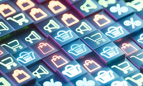 A digitally generated image showcasing glowing neon icons such as shopping carts, shopping bags and megaphones arranged on black block surfaces.