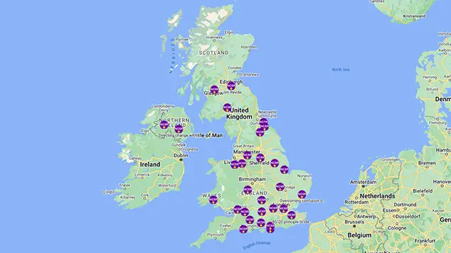 A graphic of a map of the UK with pins on various locations to show areas that the NCSR+ has had an impact